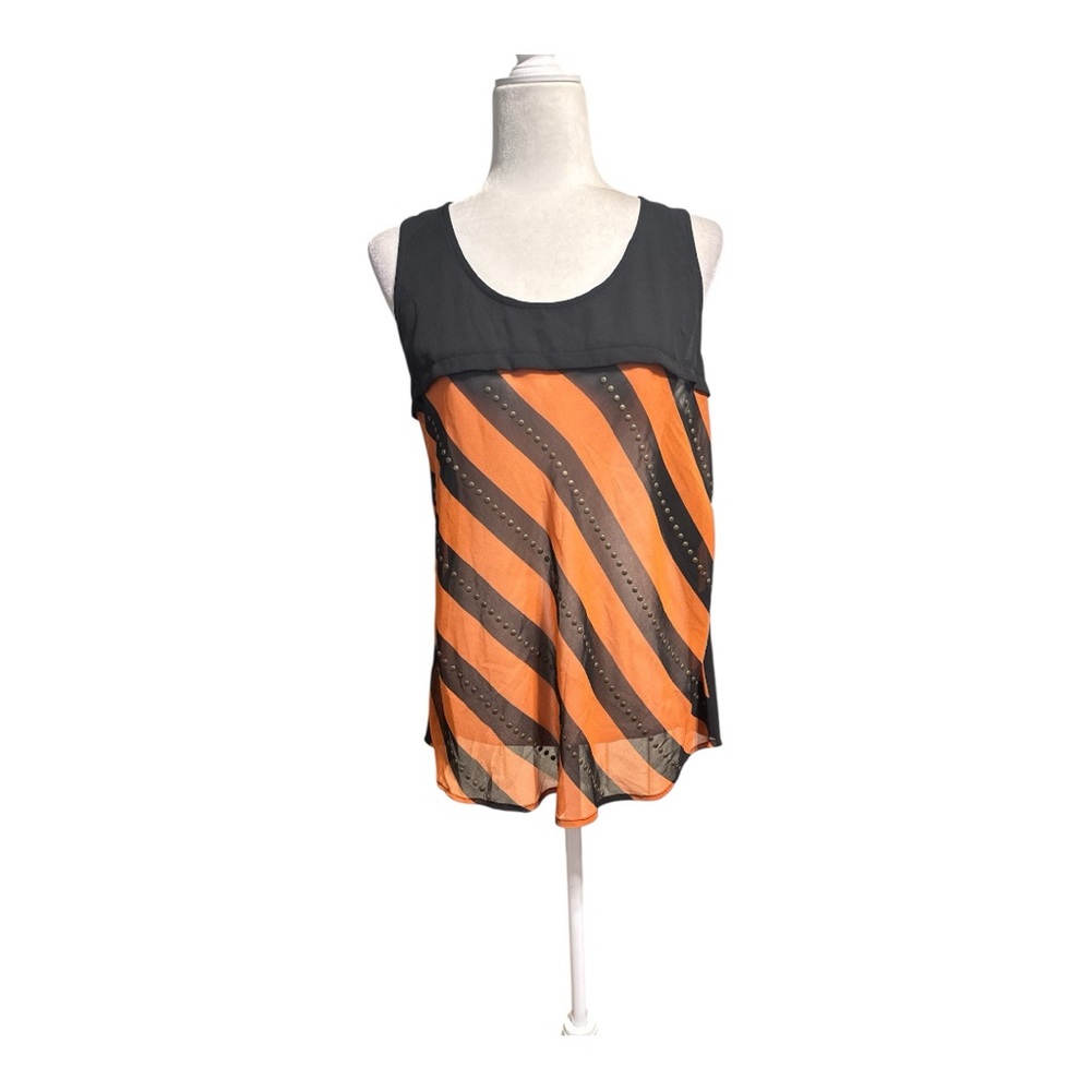 Sugarlips Semi Sheer Black Tank Top Burnt Orange Diagonal Stripes with Grommets
